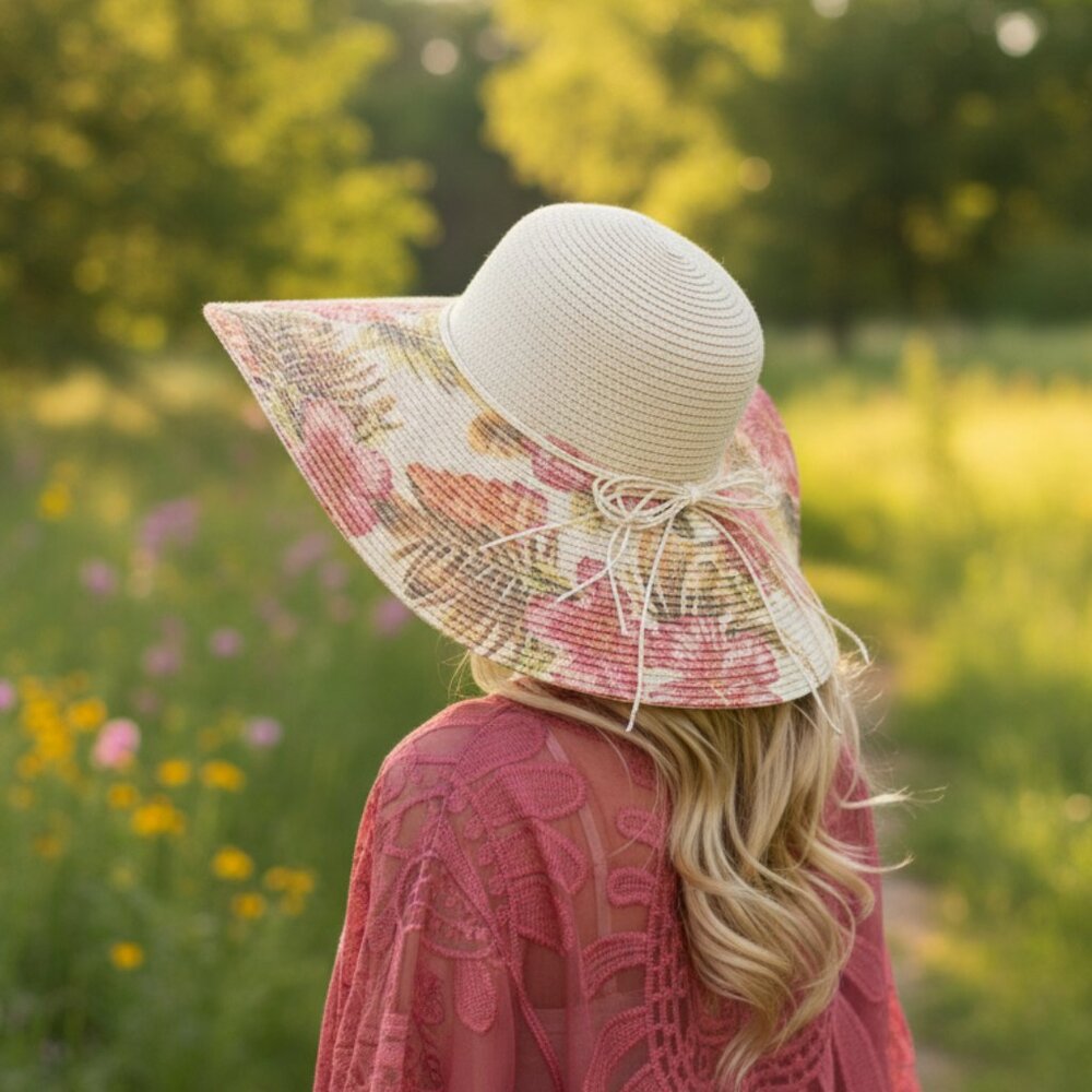 NEW Tropical Floral Raffia Floppy Wide Brim Sunhat Hat OS NWT